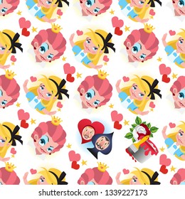 Alice in wonderland characters collection. Pattern with magic items on a white background. Red Queen, Alice, hearts, Peak and red cards.