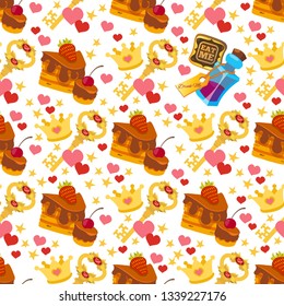 Alice in wonderland characters collection. Pattern with magic items on a white background. Cookie Eat me, Drug Drink me, crown, hearts, sweets and key.