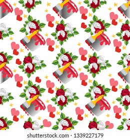 Alice in wonderland characters collection. Pattern with magic items on a white background.