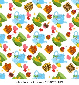 Alice in wonderland characters collection. Pattern with magic items on a white background. Cookie Eat me, hearts, green hat, sweets, teapot and a cup of tea, lemon.