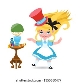 Alice in wonderland characters collection. Alice is surrounded by magical items on a white background.