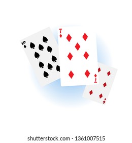 Alice in wonderland characters collection. Three playing cards on a white-blue background.