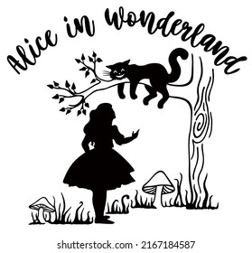 Alice in Wonderland. Cheshire cat on a tree. Black and white ink drawing. Sketch style illustration. Alice's Adventures in Wonderland. svg