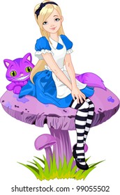 Alice In Wonderland And Cheshire Cat On Mushroom