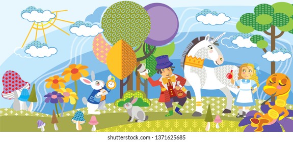 Alice in Wonderland. Colorful vector cartoon flat illustration with seamless pattern elements. Alice, Mad Hatter,White rabbit, Сaterpillar, Unicorn in magical forest with trees,flowers and mushrooms.