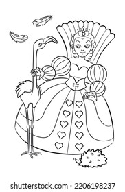 Alice in Wonderland coloring page. Queen and Flamingo outline