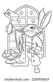 Alice in wonderland coloring page. Rabbit outline. Alice in wonderland coloring book