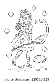 Alice in wonderland coloring page. Alice vector. Children's outline illustration. 