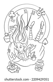 Alice in wonderland coloring page. Alice vector