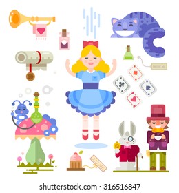 Alice in Wonderland. Fairy tale characters illustration. Characters people, playing cards, bottles, cat, mushroom, caterpillar. Vector flat illustrations