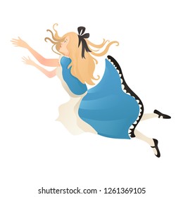 Alice in Wonderland, falling. Cute girl in dress. Vector illustration.