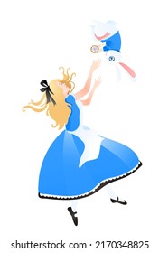 Alice in Wonderland, falling down into the white rabbit hole. Cute blond girl in blue dress. Vector illustration