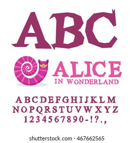 Alice in Wonderland font. Fairy ABC. mad Alphabet  Cheshire Cat. Set of letters. Magical beast with long striped tail
