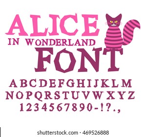 Fuente de Alice in Wonderland. Fairy ABC. Alfabeto loco.  Gato Cheshire. Conjunto de letras. Bestia mágica con cola larga a rayas