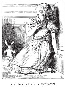 Alice in Wonderland. Alice grown big looking at the White Rabbit returning, splendidly dressed. Alice's Adventures in Wonderland. Illustration from John Tenniel, published in 1865.