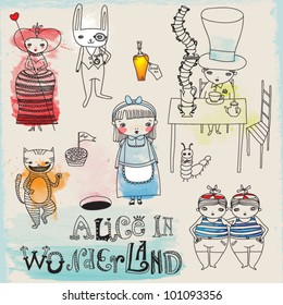 Alice in Wonderland - hand drawn characters and icons illustrating Lewis Carroll's famous children novel