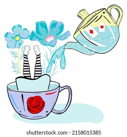 Alice in wonderland illustration with Alice fallen to cup. Cute, funny childish background.