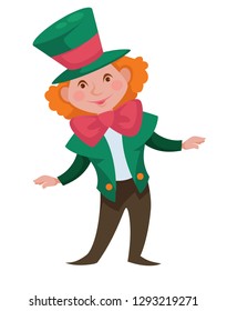 Alice in Wonderland isolated male character crazy hatter vector redhead curly guy in tall hat and bow jacket and pants fantastic personage from book boy in suit and headdress fairy tale or literature.