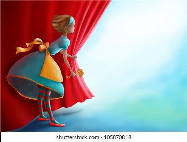 Alice in Wonderland. Alice is looking behind a curtain. Alice's Adventures in Wonderland. Illustration