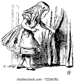 Alicia en el país de las maravillas. Alice está mirando detrás de una cortina para revelar una puerta oculta: Las aventuras de Alicia en el país de las maravillas. Ilustración de John Tenniel, publicada en 1865.