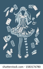 Alice in Wonderland with maps and clocks in a limited palette