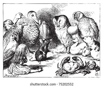 Alice in Wonderland. The mouse tells Alice a story. The mouse is telling a story to the crowd of animals.Alice's Adventures in Wonderland. Illustration from John Tenniel, published in 1865.