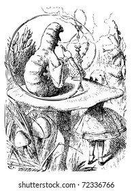 Alice in Wonderland old engraving. Alice speaking with the smoking caterpillar: Alice's Adventures in Wonderland. Illustration from John Tenniel, published in 1865.