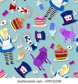 Alice in Wonderland pattern. Fat woman and Cheshire cat. Rabbit in hat. Cylinder is Mad Hatter. Magic Potion and piece of cake
