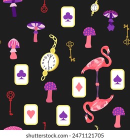 Alice in Wonderland pattern: rabbit, Cheshire cat, flamingo, cards, hat, keys cup mushrooms clock and roses