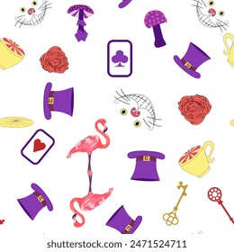 Alice in Wonderland pattern: rabbit, Cheshire cat, flamingo, cards, hat, keys cup mushrooms clock and roses