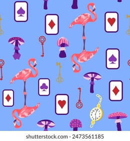 Alice in Wonderland pattern: rabbit, Cheshire cat, flamingo, cards, hat, keys cup mushrooms clock and roses