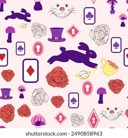 Alice in Wonderland pattern: rabbit, Cheshire cat, flamingo, cards, hat, keys cup mushrooms clock and roses