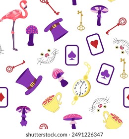 Alice in Wonderland pattern: rabbit, Cheshire cat, flamingo, cards, hat, keys cup mushrooms clock and roses