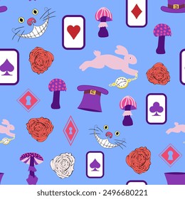 Alice in Wonderland pattern: rabbit, Cheshire cat, flamingo, cards, hat, keys cup mushrooms clock and roses