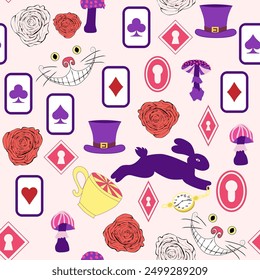 Alice in Wonderland pattern: rabbit, Cheshire cat, flamingo, cards, hat, keys cup mushrooms clock and roses