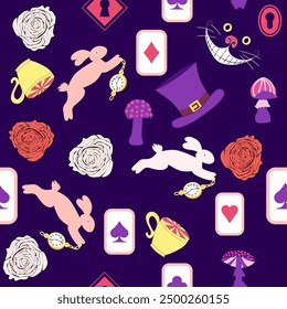 Alice in Wonderland pattern: rabbit, Cheshire cat, flamingo, cards, hat, keys cup mushrooms clock and roses