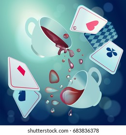 Alice in Wonderland. Playing cards,  cup and poison falling down the rabbit hole. Vector background, square poster