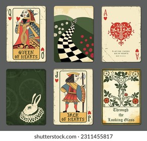 Cartas de juego de Alice in Wonderland que ilustran la novela de Lewis Carroll, que incluye la página de título de Reina, Jack y As de Corazones, Conejo Blanco y libro