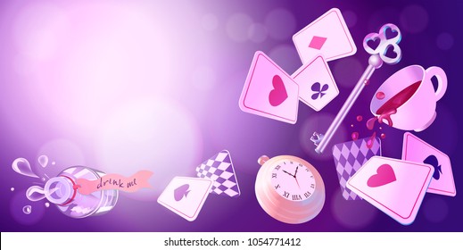 Alice in Wonderland. Playing cards, pocket watch, key, cup and poison falling down the rabbit hole. Vector background, horizontal banner