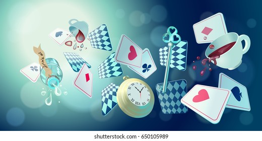 Alice in Wonderland. Playing cards, pocket watch, key, cup and poison falling down the rabbit hole. Vector background, horizontal banner.