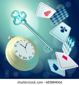 Alice in Wonderland. Playing cards, pocket watch, key falling down the rabbit hole. Vector background, square poster