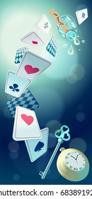 Alice in Wonderland. Playing cards, pocket watch, key, cup and poison falling down the rabbit hole. Vector background, vertical banner