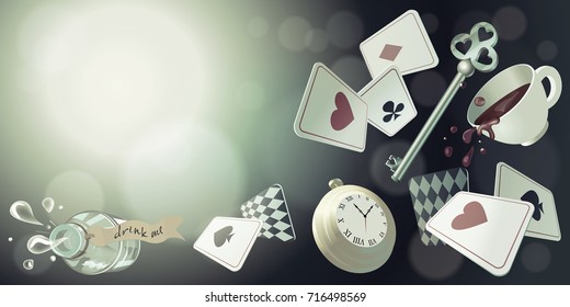 Alicia en el país de las maravillas. Jugando cartas, reloj de bolsillo, llave, taza y veneno cayendo por el agujero de conejo. Fondo vectorial, banner horizontal.