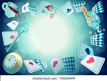 Alice in Wonderland. Playing cards, pocket watch, key, cup and poison falling down the rabbit hole. Vector background, horizontal banner