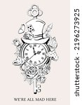 Alice in Wonderland poster, greeting card. Green hat, playing cards, pocket watch and key, roses, mushroom and poison on white background. We are all mad here