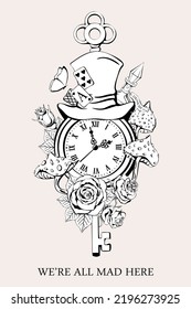 Alice in Wonderland poster  greeting card  Green hat  playing cards  pocket watch   key  roses  mushroom   poison white background  We are all mad here
