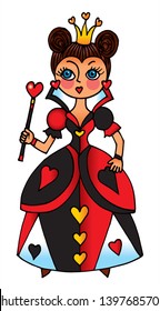 Alice in wonderland - the Queen of hearts in black and red dress. Colored vector for card or gift. 