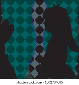 Alice in Wonderland and the rabbit silhouette on a green, black, and blue decorative background.