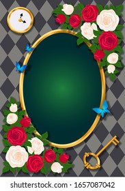 Alice in Wonderland. Red  roses and white roses on  chess background. Clock and key. Wonderland background. Rose flower frame. Oval frame. vector illustration