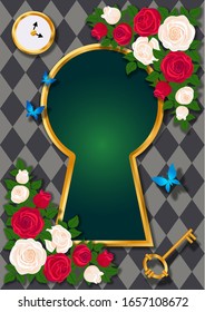 Alice in Wonderland. Red roses and white roses on chess background. Watch and key. Background of Wonderland. Rose flower frame and gold keyhole. vector illustration
